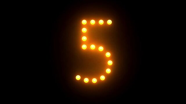 Numeral 5 text animation glowing neon light bulb retro style on black background. 4K. loop