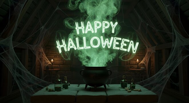 Happy halloween neon sign with green smoke rising from a black cauldron in a spooky attic