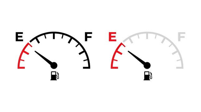 Fuel gauge icon set showing empty and full levels for automotive dashboard display, vector illustration for car design