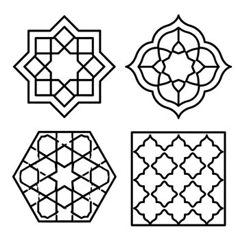 Set of Four Islamic Geometric Pattern Ornaments with Traditional Arabesque Style Vector Illustrations