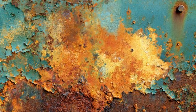 Close-up of Rusted Metal Surface with Peeling Teal Paint.