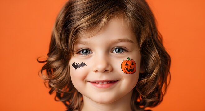 Portrait of a happy young girl with pumpkin and bat face paint
