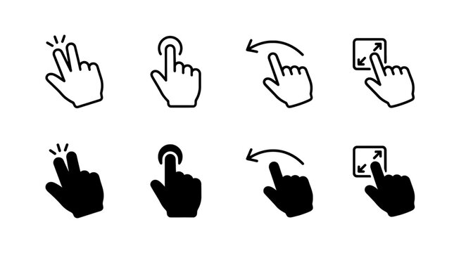 Comprehensive set of hand gesture icons for touch screen navigation including swipe, zoom, and tap interactions