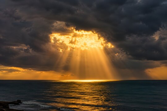 Crepuscular Rays Breaking Through Storm Clouds Over Sea. Dramatic seascape of golden sunbeams breaking through dark storm clouds onto calm sea.