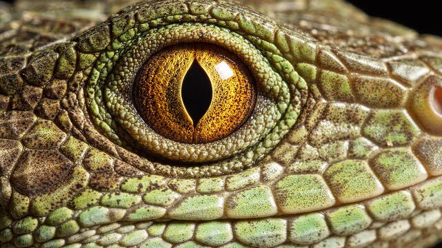Lizard eye blinking in slow motion macro, vivid orange iris with vertical slit pupil, photorealistic reptile scale detail surrounding it.