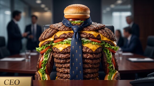 detailed Macro photo of burger ceo corporate satire 2k showing abstract micro structural details and textures with professional studio lighting