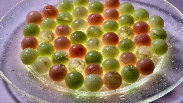 Molecular Gastronomy Dessert Featuring Glowing Glass Bowl of Spherical Fruit Pearls and Jelly Balls