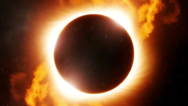 Total solar eclipse with glowing corona and solar flares in deep space