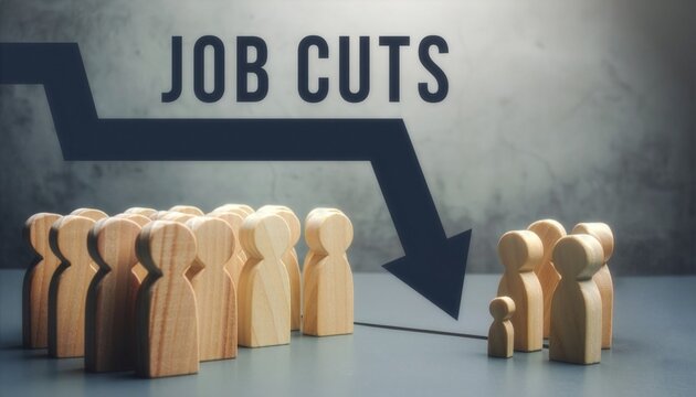 A conceptual image of job cuts, featuring wooden peg figures divided by a sharp downward trend arrow beneath bold text, symbolizing corporate downsizing and economic recession.
