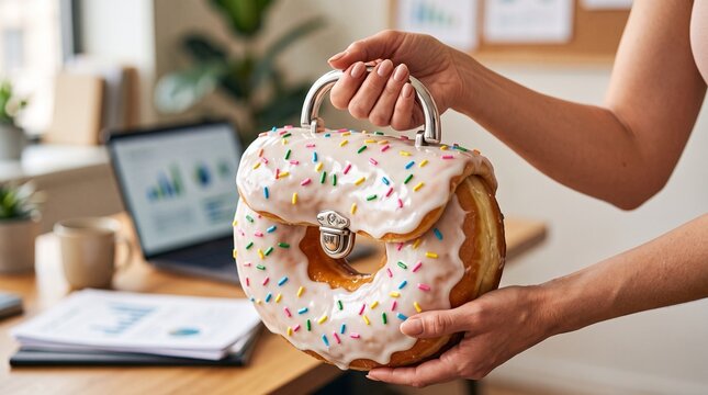 Macro photo of woman holding donut briefcase 2k showing woman's features showing delicate skin pores natural beauty details and high-resolution skin texture with professional studio lighting