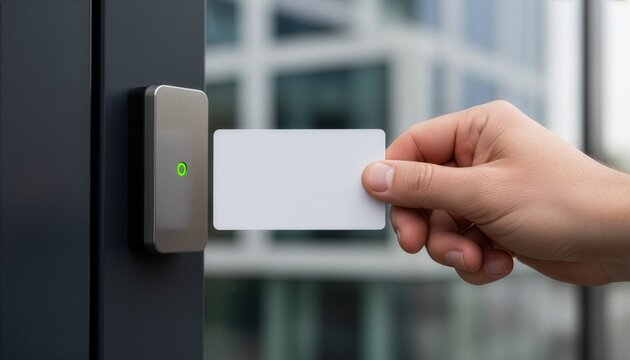 Hand of a professional in a suit tapping a blank badge on a wireless card scanner at a corporate entrance, symbolizing identity verification, entry control, and privacy.
