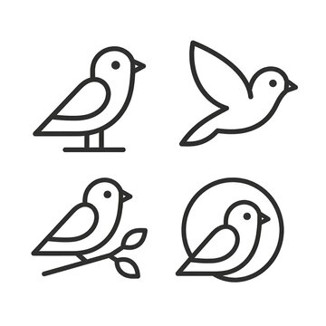 Set of Four Minimalist Bird Line Art Icons for Modern Logo Design and Branding Illustration