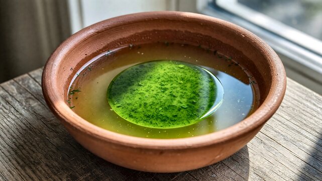 Clear Herbal Broth Soup with Green Oil Floating in a Rustic Clay Bowl