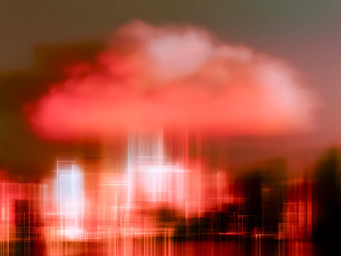 Abstract futuristic illustration of a glowing red digital cloud hovering above a stylized data city, representing cloud computing, artificial intelligence, data processing, networks, and digital infra