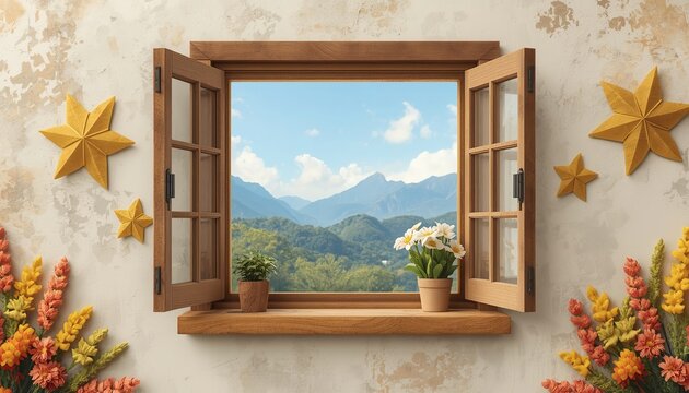 Rustic wooden window frame open to a scenic mountain landscape view decorated with yellow star ornaments and fresh potted flowers