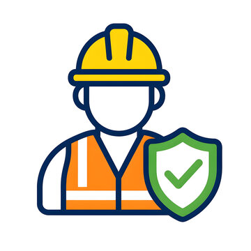 Construction Worker in Safety Vest and Hard Hat Holding Protection Shield with Checkmark Vector Icon
