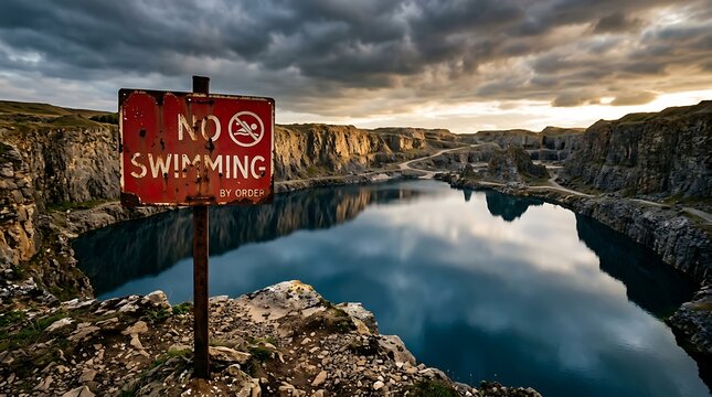 Scenic Canyon Lake With No Swimming Warning Sign Near Rocky Cliffs