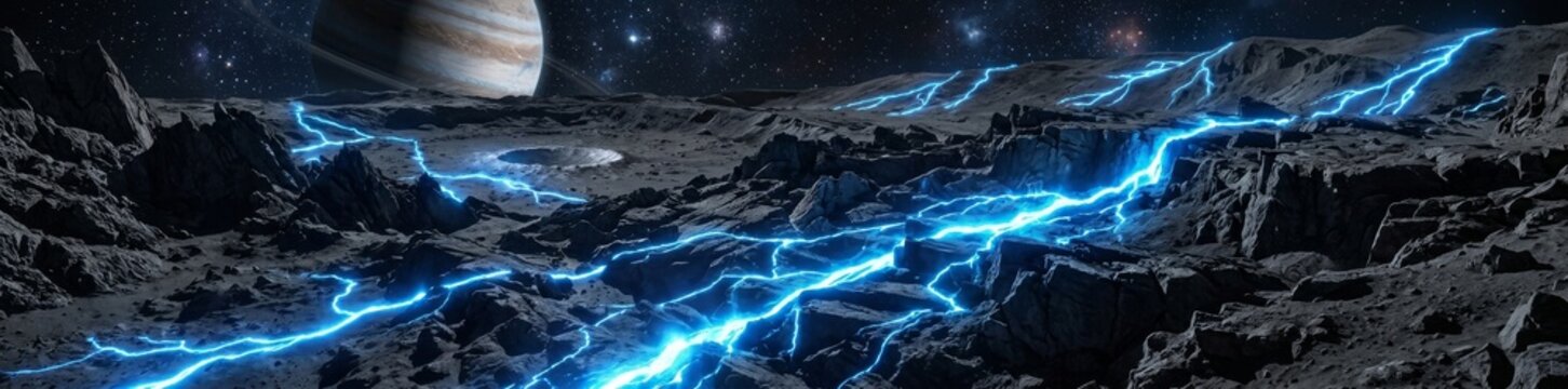 Glowing blue energy river on a rocky alien planet surface