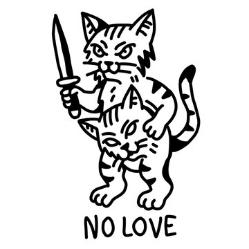 Edgy traditional tattoo style two-headed cat holding dagger, 'No Love' text