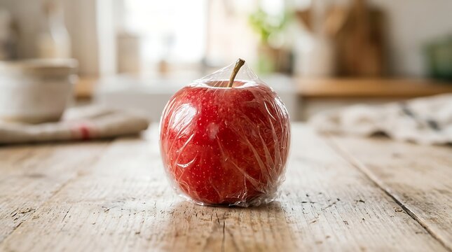 Fresh red apple wrapped in plastic on wooden table surface