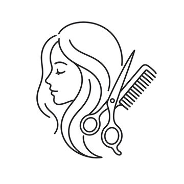 Minimalist line art illustration of a woman profile with long hair, professional scissors and comb