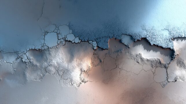 Aerial view of a desolate planetary surface with frost covered craters and geological cracks