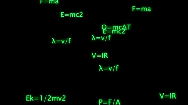 Glowing physics and chemistry formulas floating on black background motion background