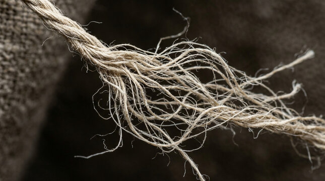Close-up of frayed hemp rope fibers against textured fabric background