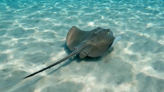 A graceful stingray glides over a sunlit sandy seabed in clear turquoise water.