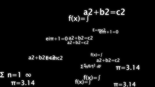 Complex mathematical formulas and equations floating on black background loop