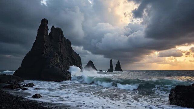 Dramatic waves crash against rugged sea stacks on a black sand beach under a stormy sky with golden light.