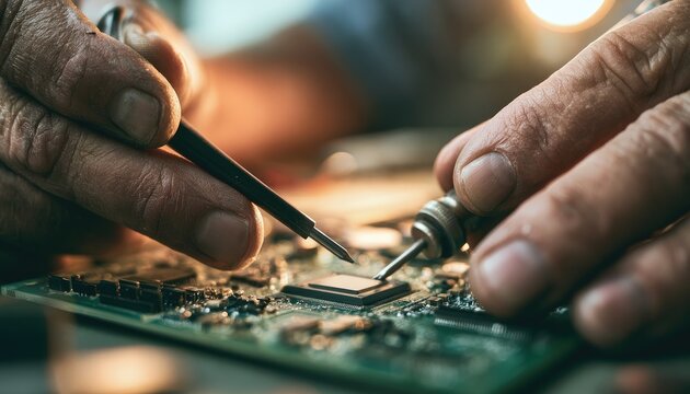 Close-up of hands soldering a computer motherboard with precision tools.