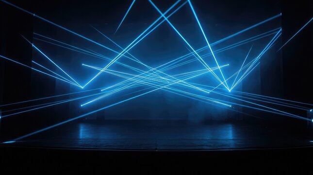 Abstract background featuring bright blue laser light beams crossing each other in a dark space