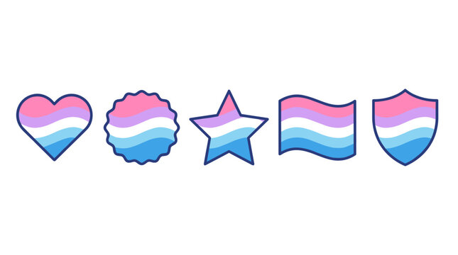 A collection of genderfluid pride symbols including a heart, star, flag, shield, and circular badge, depicted with the characteristic pink, white, purple, and blue stripes.