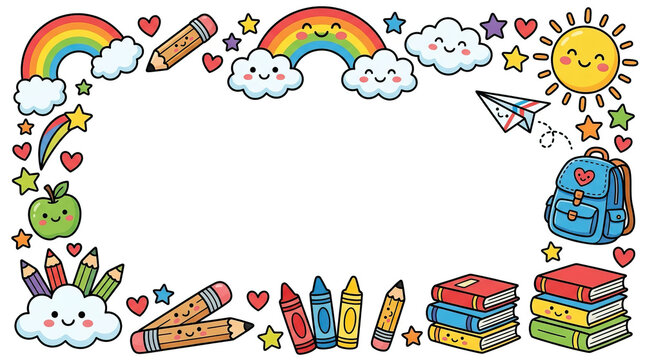 Back to school colorful frame with smiling rainbow cloud sun pencil paper airplane backpack book and crayon for happy education design