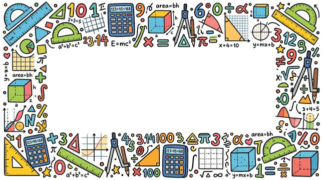 Back to school colorful math frame with calculator protractor compass and geometric shapes for education and learning design