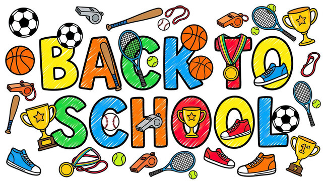 Back to school colorful letters surrounded by sports equipment including soccer ball basketball baseball tennis racket whistle trophy and sneakers for active learning fun