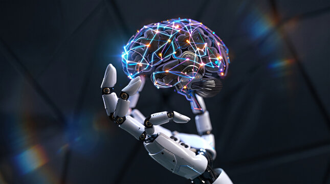 White robot hand holding floating illuminated digital brain with colorful neural network connections