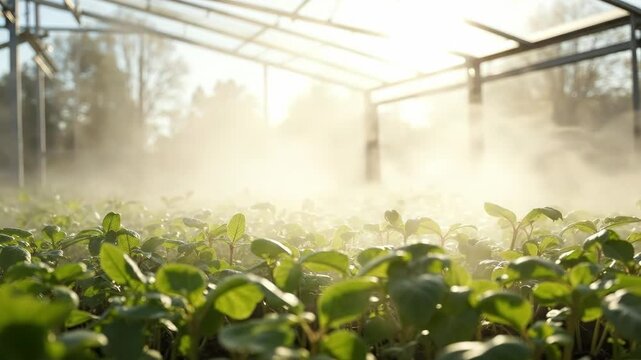 Vibrant green seedlings thrive in a sunlit greenhouse, gently misted for growth.