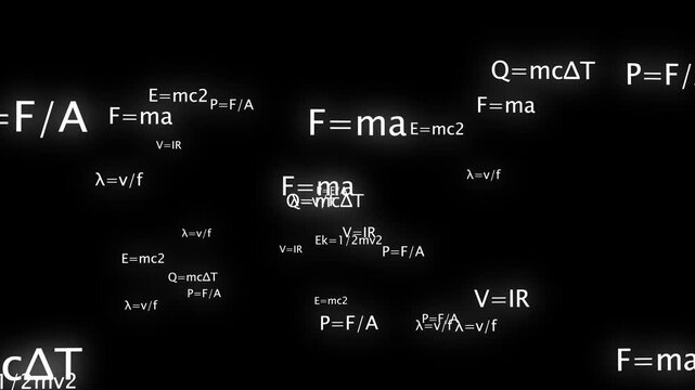 White glowing physics and math formulas floating on black background