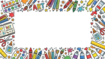 Obraz premium Color Pencil Paint Brush Art School Back Crayon Sketchbook Glue Scissors Palette Drawing Creativity Education Supplies Watercolor Paint tube Ruler Doodle Heart Star Splash Yellow Red Blue Green