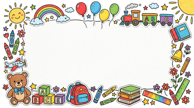 Kindergarten doodle border frame colorful balloon rainbow sun teddy bear book pencil crayon airplane backpack ruler bell flower star train