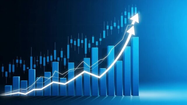 Financial growth chart with upward trending bars and line graph on a blue background