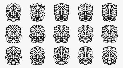 Set of fifteen unique black and white tiki mask vector icons. Polynesian tribal style designs featuring diverse facial expressions and intricate carvings for tropical branding and graphic projects. © Deni