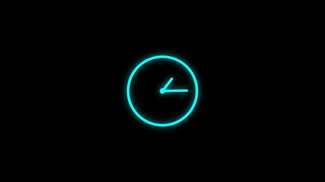 Glowing cyan clock face animation showing time passing rapidly with continuous circular motion against a solid dark black background video