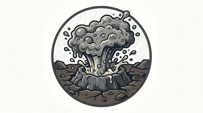 Erupting volcano illustration in circular frame