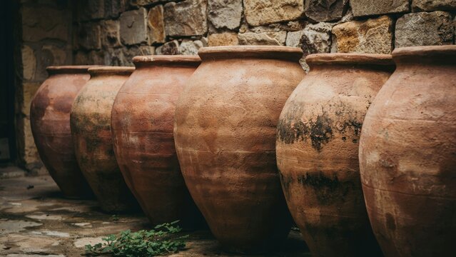 Traditional terracotta amphorae lined up against a weathered stone wall