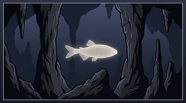 Glowing fish swimming in a dark cave