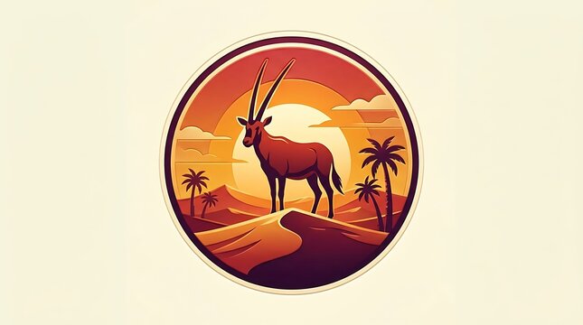 Oryx antelope in desert sunset circular logo