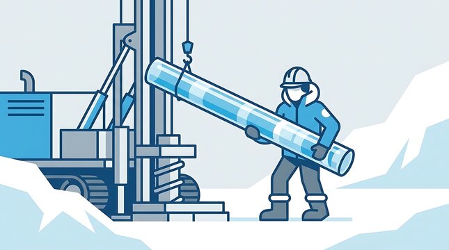 Scientist extracting ice core sample with drilling rig